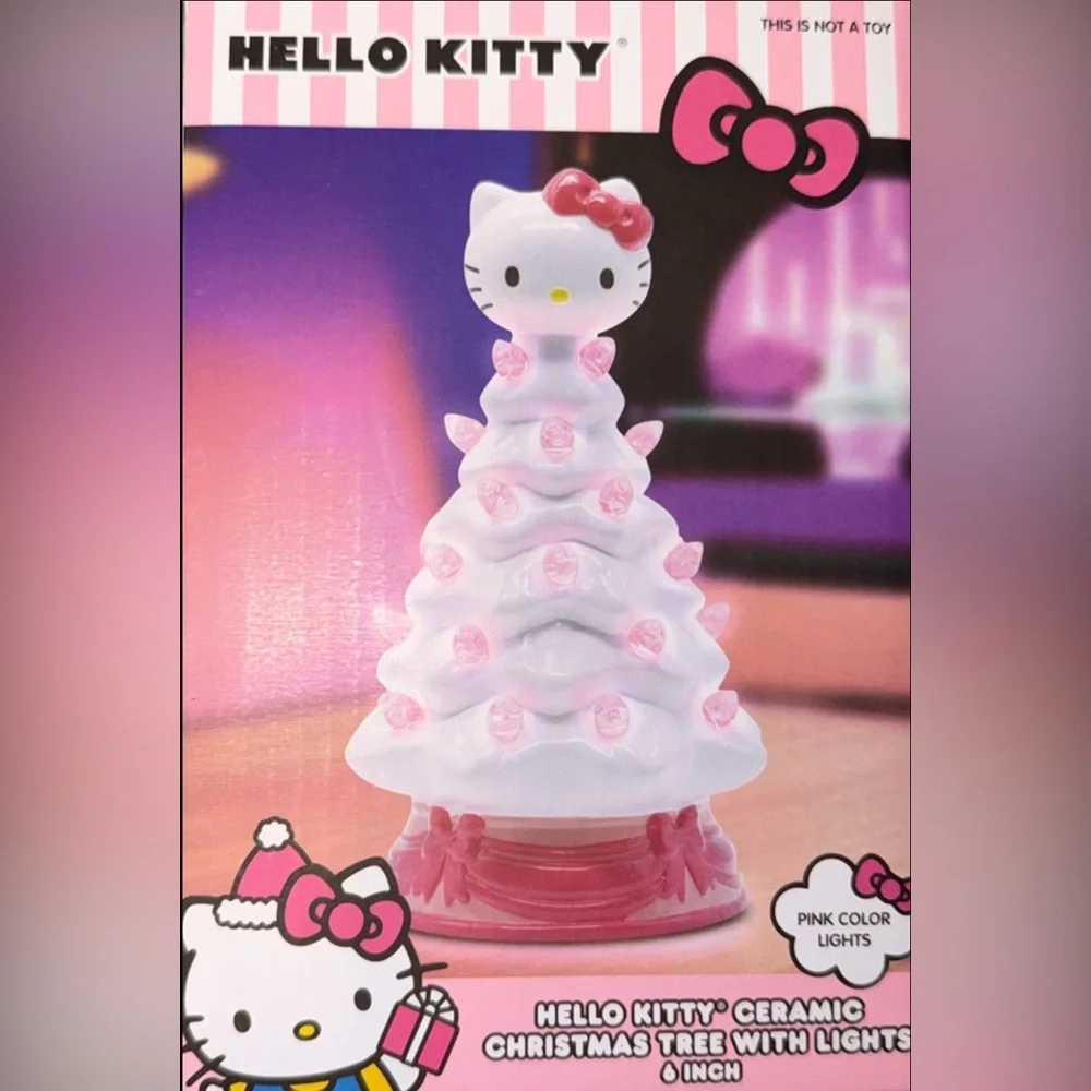 NIB Hello Kitty Ceramic Christmas Tree With Lights White 6 Inches